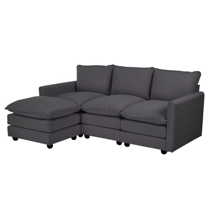 Modular 3-Seater Sofa Set Corduroy Couch with Ottoman Beige Thick Cushion 188cm - 10