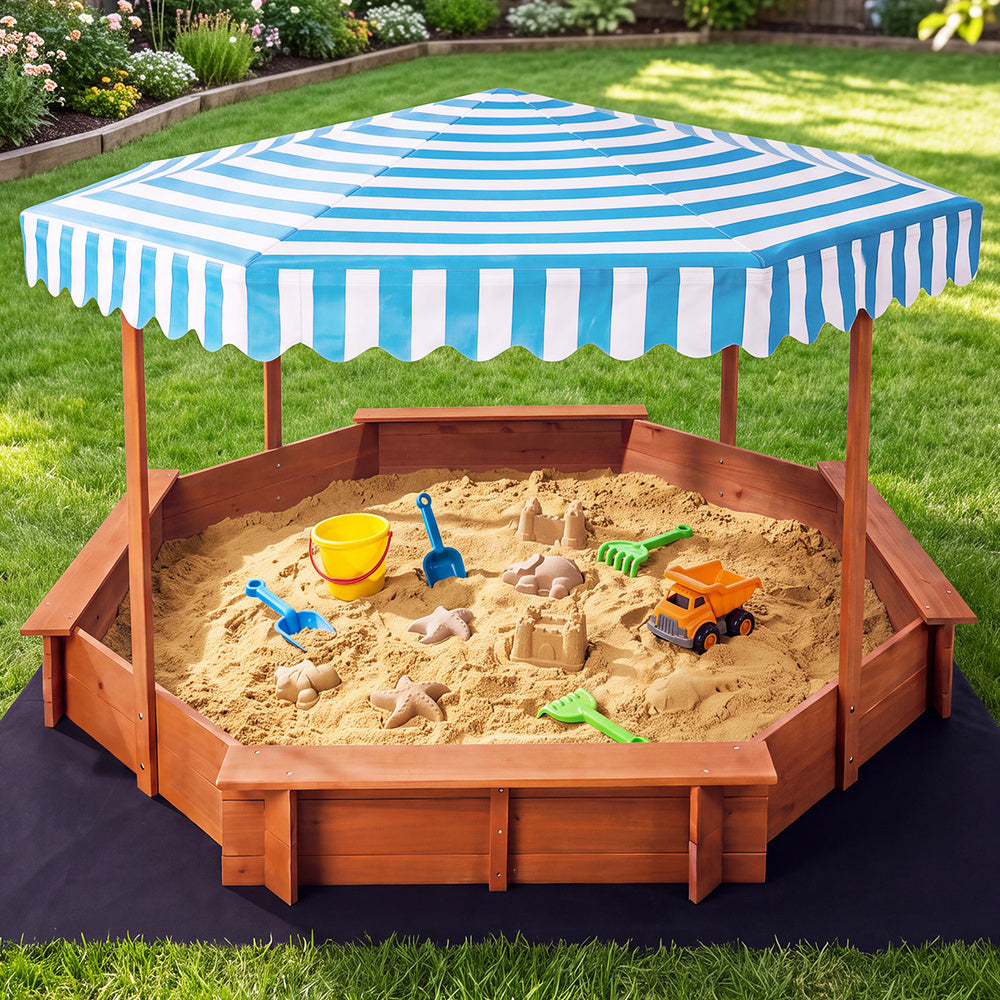 Octagonal Wooden Sandpit With Canopy 210x210x130cm