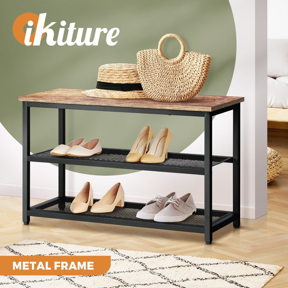 Shoe Storage Bench 3 Tier Industrial Shoe Rack Shelf with Seat Black