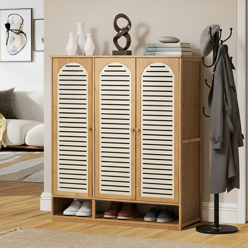 Bamboo Shoe Storage Cabinet 3 Doors Organizer Shelf Rack Beige & Brown