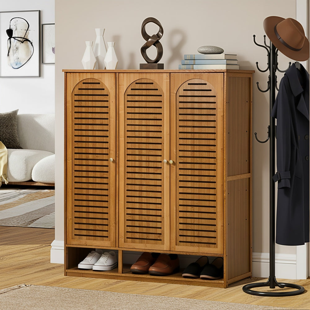 Bamboo Shoe Storage Cabinet 3 Doors Organizer Shelf Rack Beige & Brown