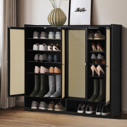 Shoe Storage Cabinet 4 Doors Rattan Black