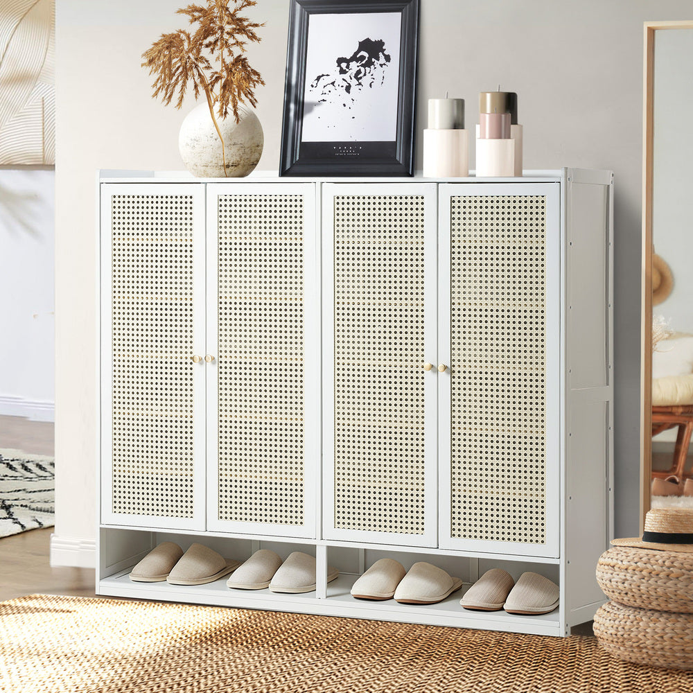 Shoe Rack Storage Cabinet White Rattan 120x32x108cm