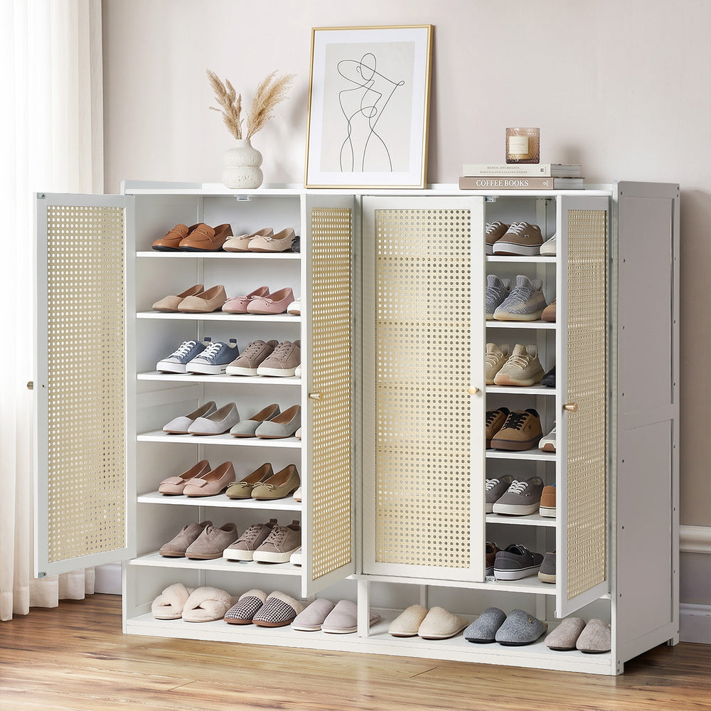 Shoe Rack Storage Cabinet White Rattan 120x32x108cm