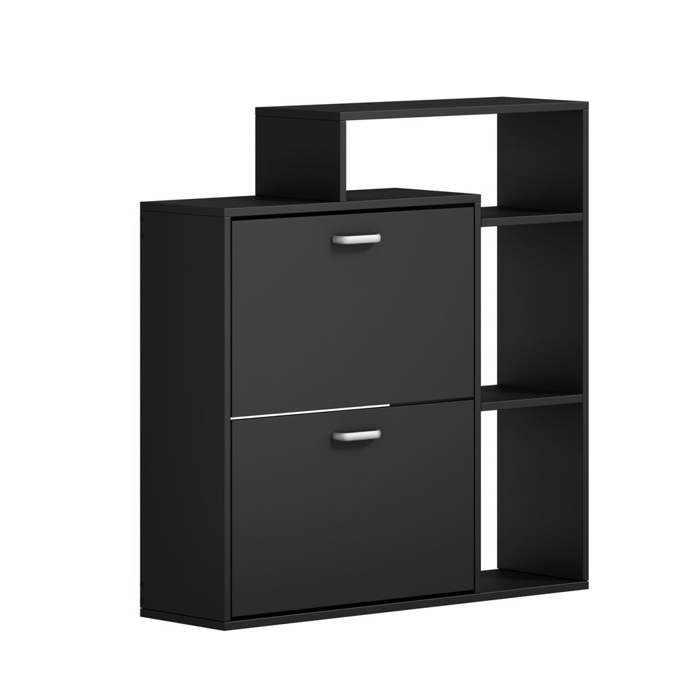 Modern Shoe Cabinet Storage Black 2 Doors with Display Shelves Entryway