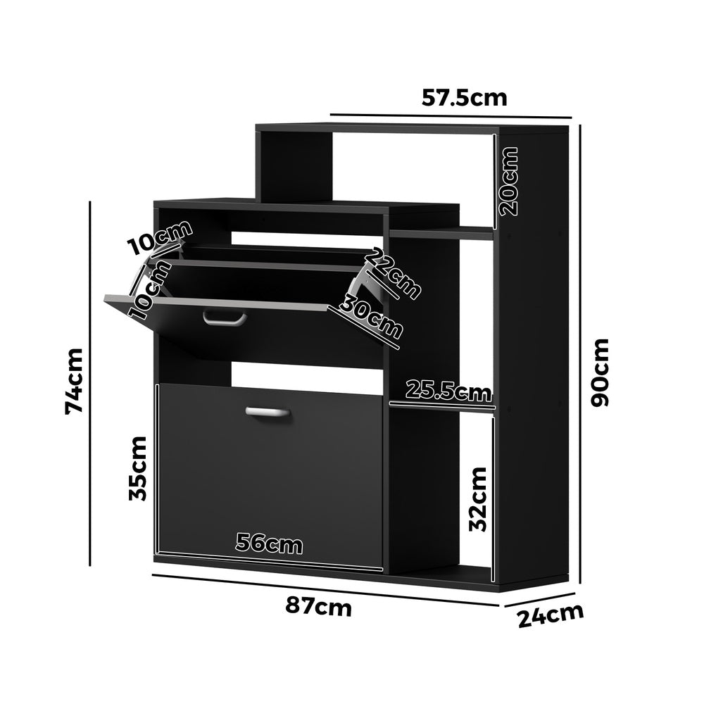 Modern Shoe Cabinet Storage Black 2 Doors with Display Shelves Entryway