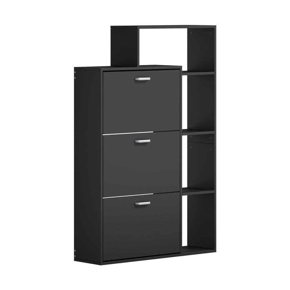 Black Shoe Cabinet Storage 3 Doors with Display Shelves Hallway Unit