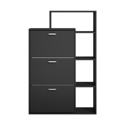 Black Shoe Cabinet Storage 3 Doors with Display Shelves Hallway Unit