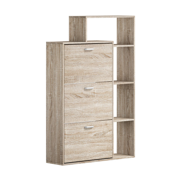  Wooden 3-Door Shoe Cabinet Storage Cupboard with Display Shelves Unit