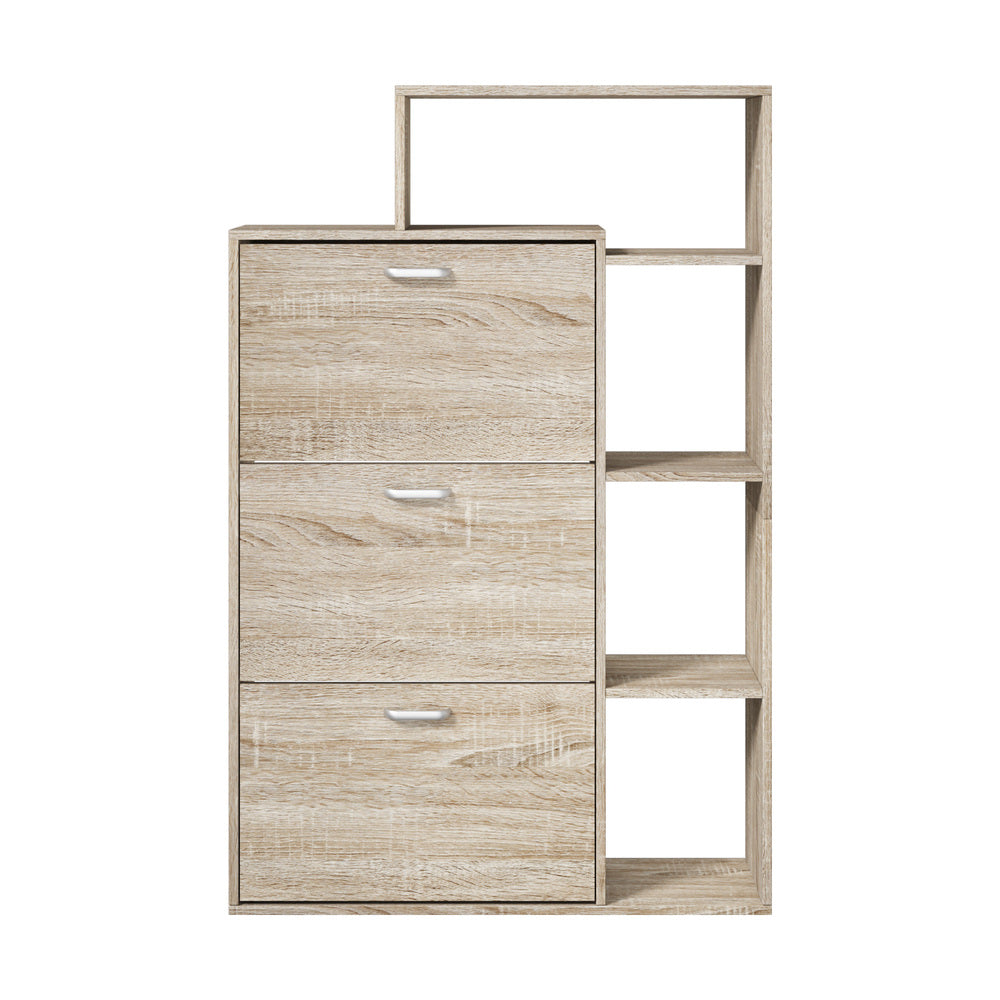 Wooden 3-Door Shoe Cabinet Storage Cupboard with Display Shelves Unit