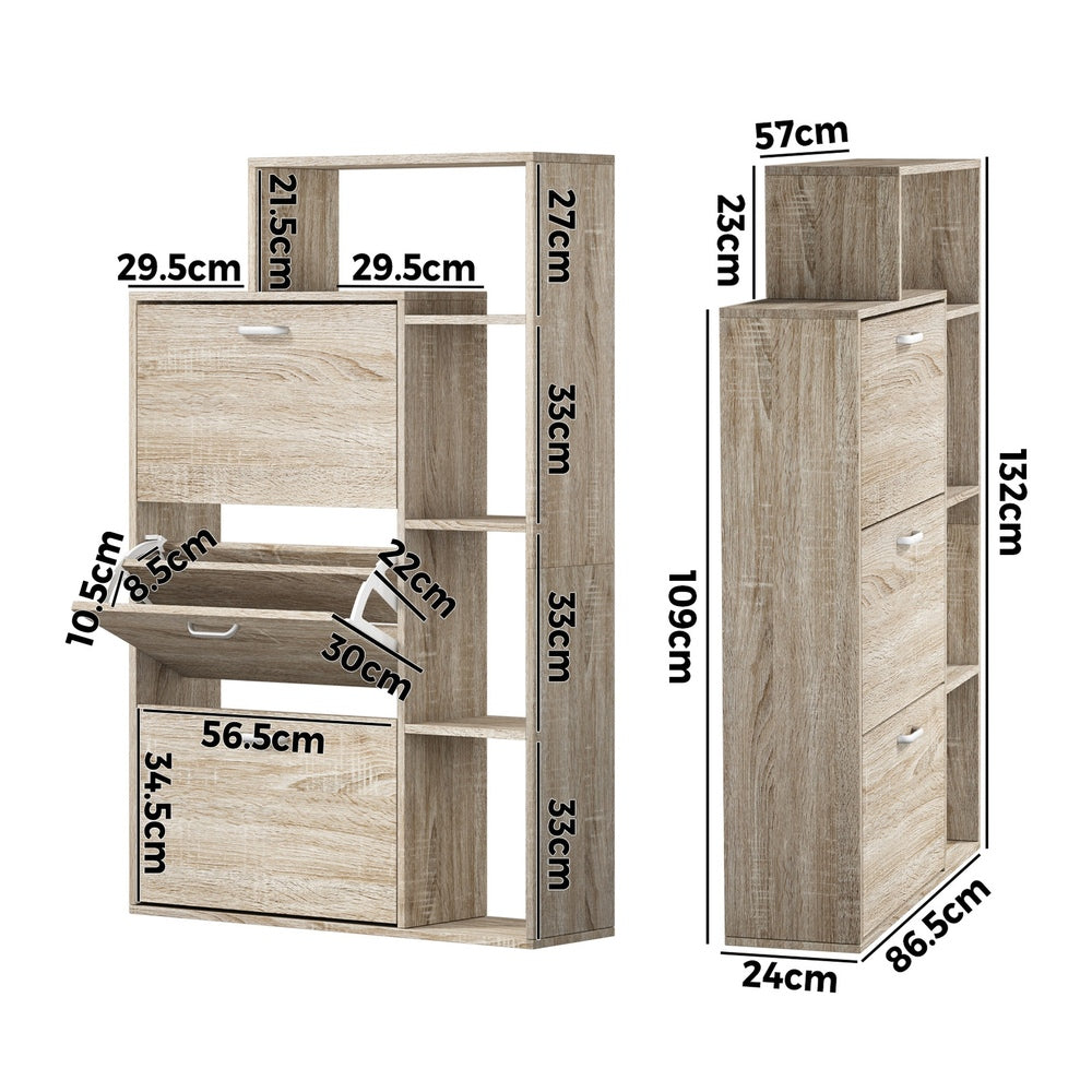 Wooden 3-Door Shoe Cabinet Storage Cupboard with Display Shelves Unit
