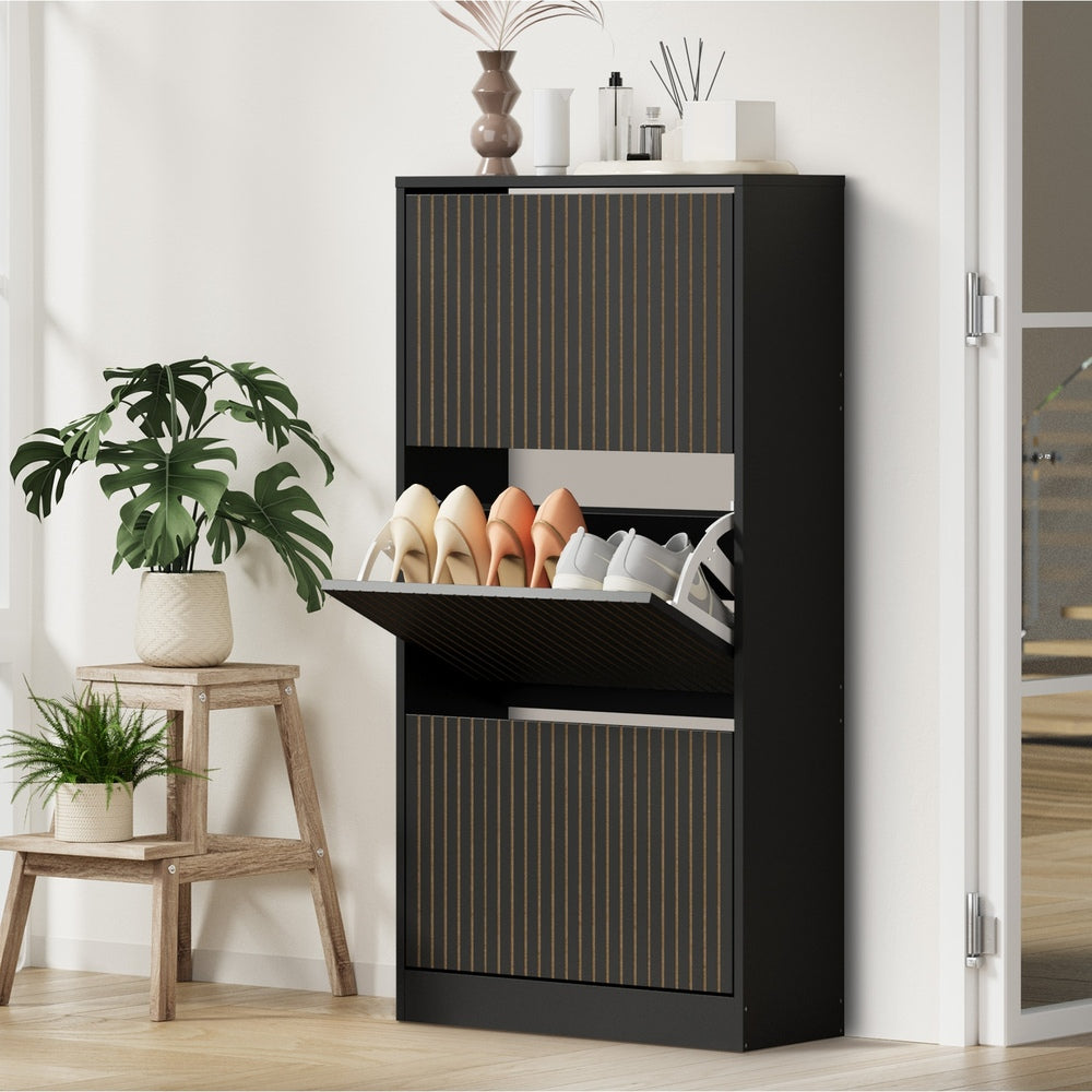 Shoe Rack Storage Cabinet 3 Compartments Black