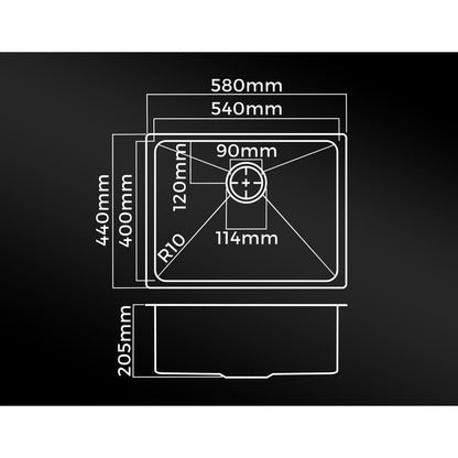Kitchen Stainless Steel Sink Single Bowl 580x440x205mm