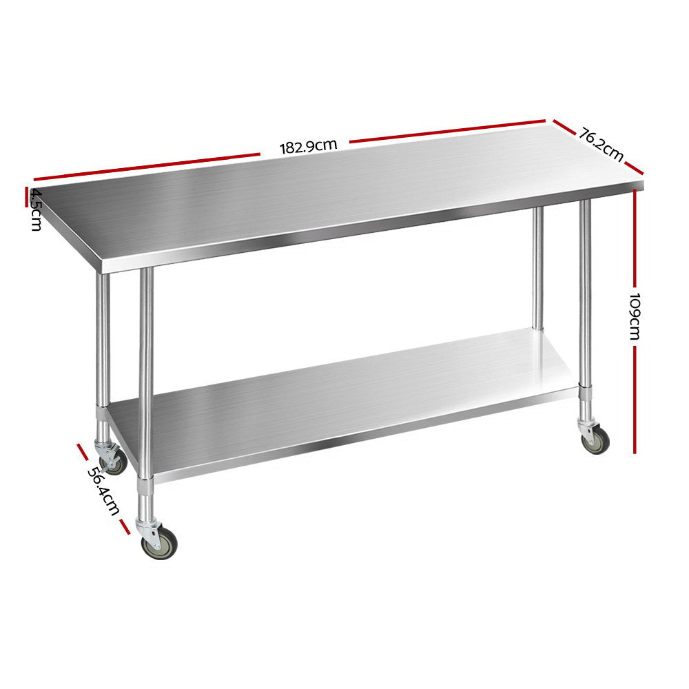 1829X760Mm Stainless Steel Kitchen Bench With Wheels