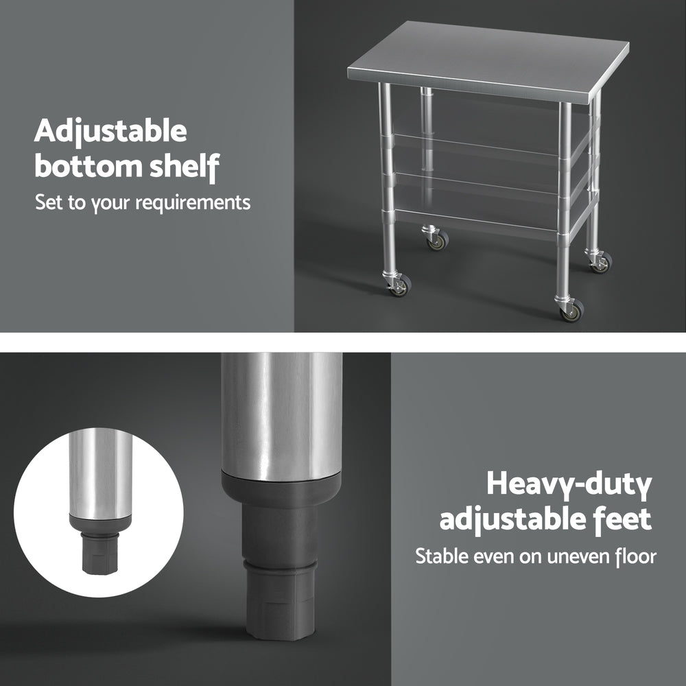 Stainless Steel Kitchen Benches Work Bench Wheels 91X61Cm 430