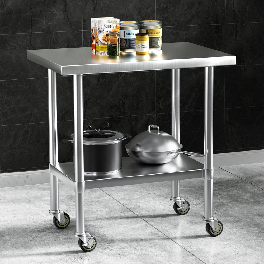 Stainless Steel Kitchen Benches Work Bench Wheels 91X61Cm 430