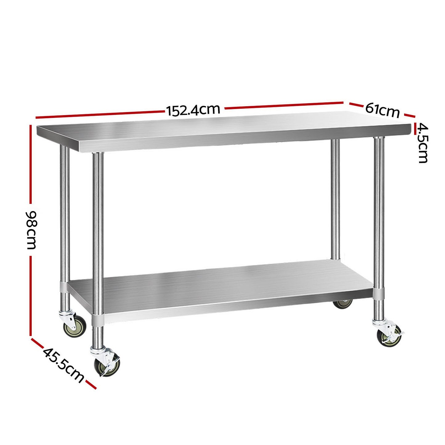 1524X610Mm Stainless Steel Kitchen Bench With Wheels