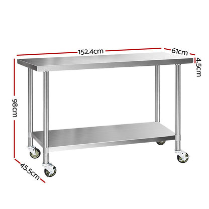 1524X610Mm Stainless Steel Kitchen Bench With Wheels