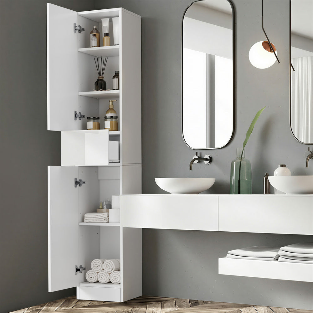 Tall Bathroom Cabinet Slim Toilet Storage White | HomeAndLiv - 2