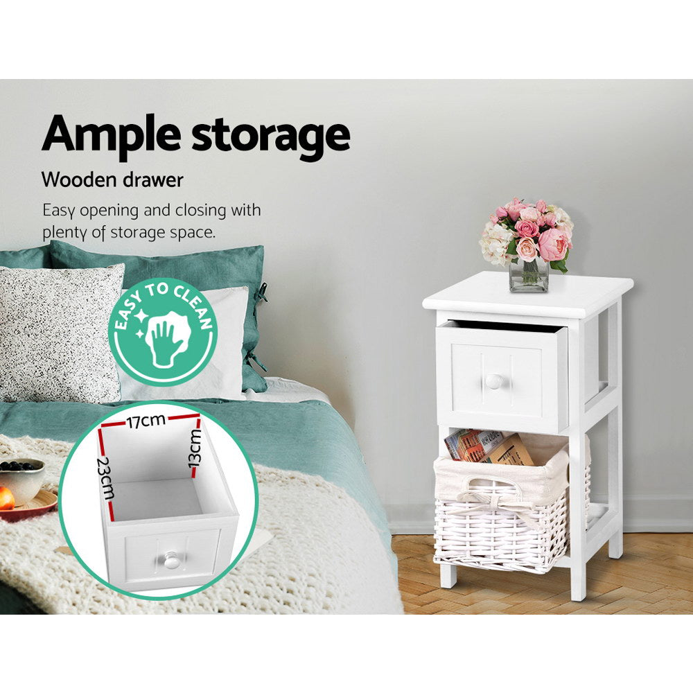Bedside Table 1 Drawer With Basket Rustic White X2
