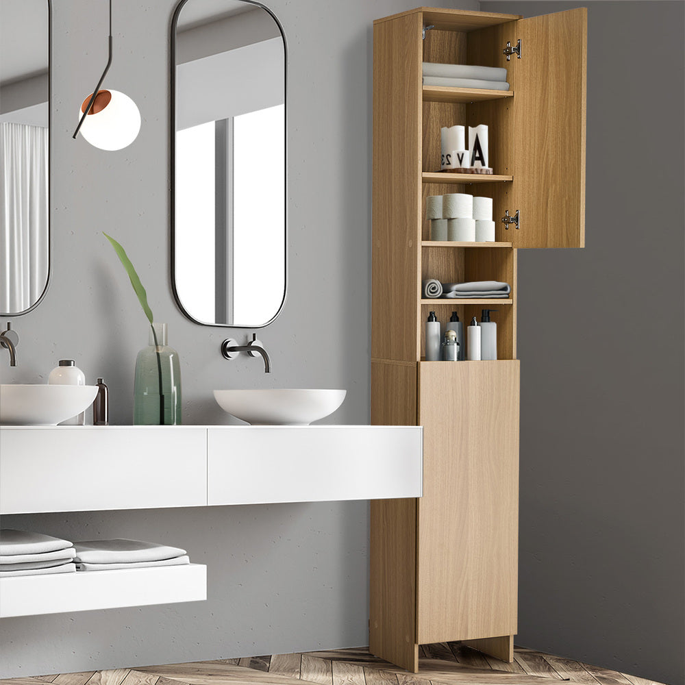 Bathroom Cabinet Storage Laundry Floor Cupboard Natural Wood Finish