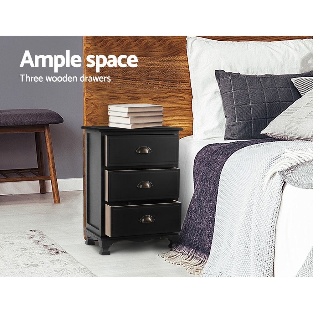 Bedside Table 3 Drawers Vintage - Thyme Black