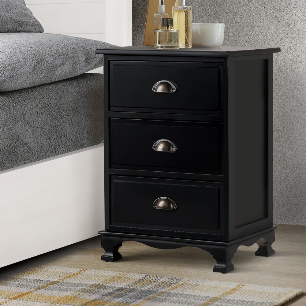 Bedside Table 3 Drawers Vintage - Thyme Black