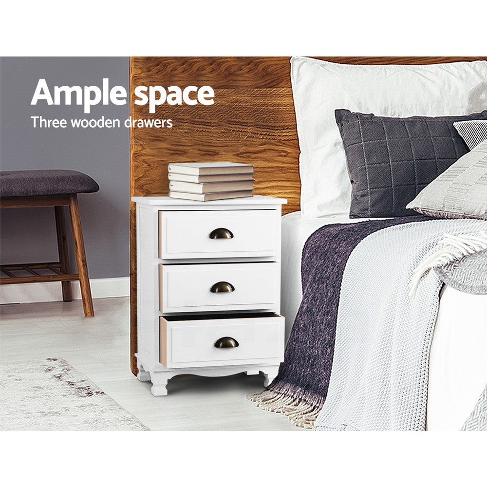 Bedside Table 3 Drawers Vintage - Thyme White
