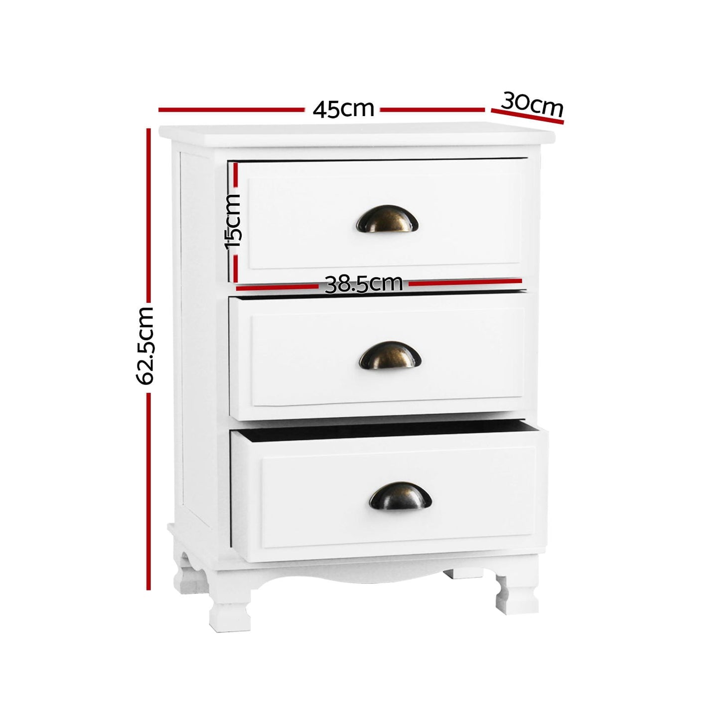 White bedside table 45x30x62.5cm, rear view