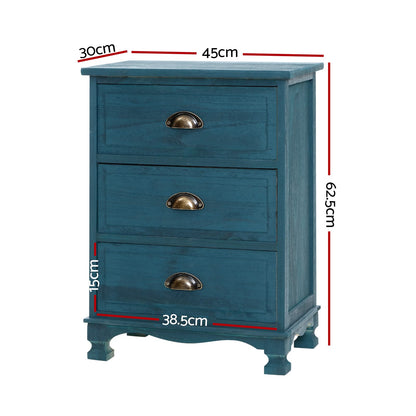 Vintage Bedside Table 3 Drawers Blue 37x22x13.5cm