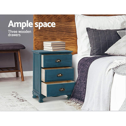 Vintage Bedside Table 3 Drawers Blue 37x22x13.5cm