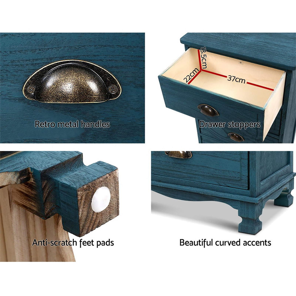 Vintage Bedside Table 3 Drawers Blue 37x22x13.5cm