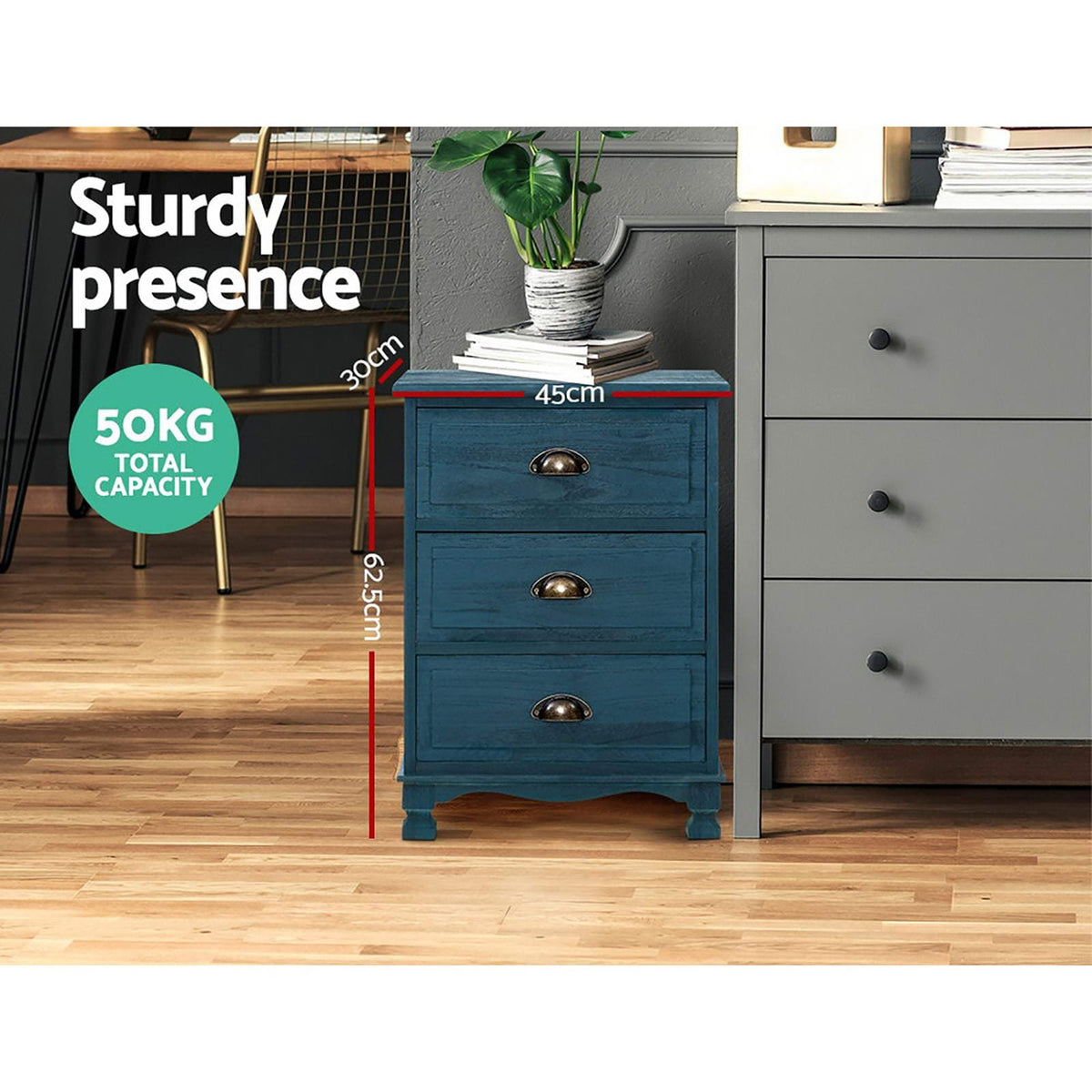 Vintage Bedside Table 3 Drawers Blue 37x22x13.5cm