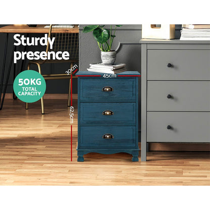 Vintage Bedside Table 3 Drawers Blue 37x22x13.5cm