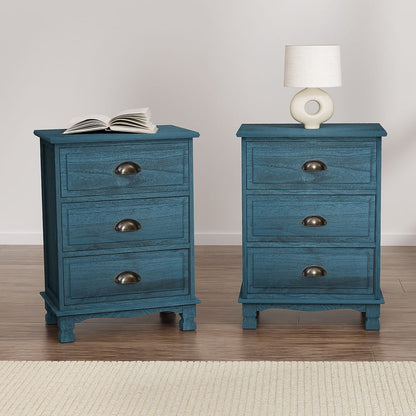 Vintage Bedside Table 3 Drawers Blue 37x22x13.5cm