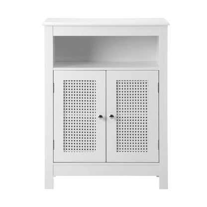 Bathroom Cabinet Floor Cupboard Laundry Storage Two Rattan Door White