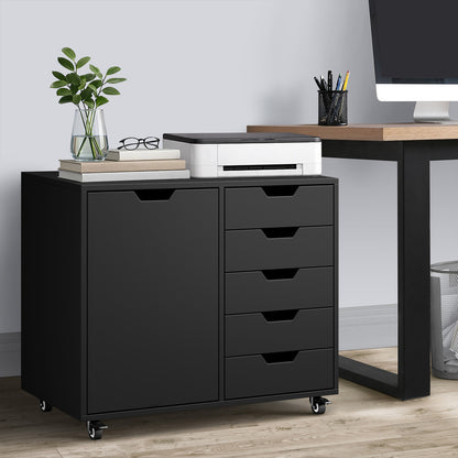 Rolling Filing Cabinet Office Storage Unit 5 Drawer 1 Door Black 78x40x67cm