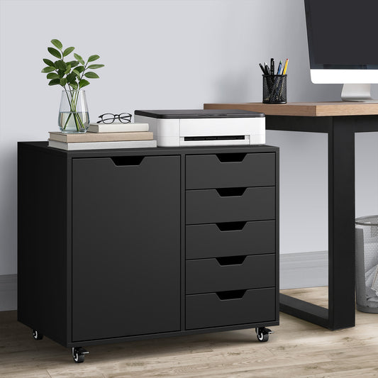 Rolling Filing Cabinet Office Storage Unit 5 Drawer 1 Door Black 78x40x67cm