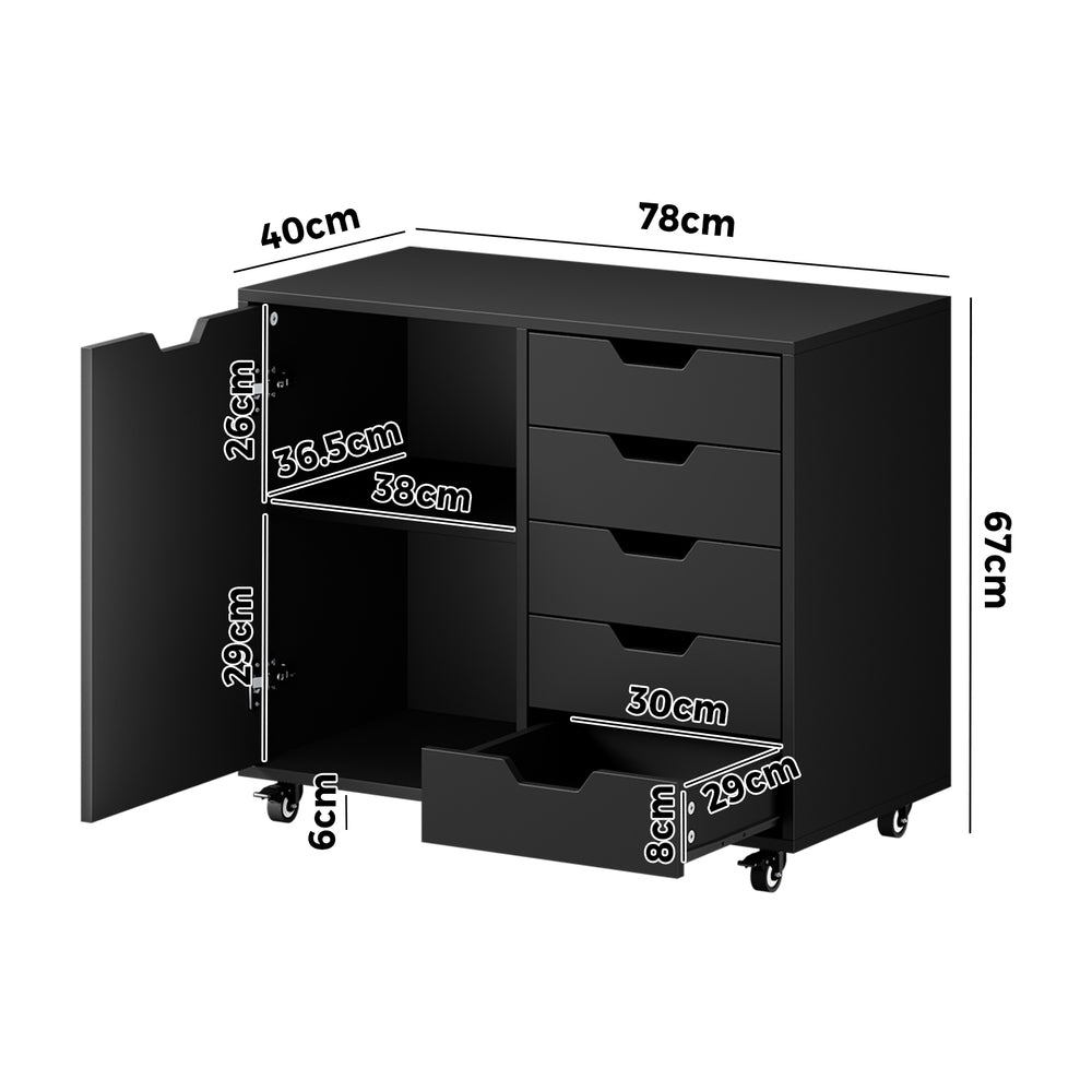Rolling Filing Cabinet Office Storage Unit 5 Drawer 1 Door Black 78x40x67cm