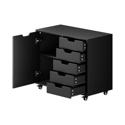 Rolling Filing Cabinet Office Storage Unit 5 Drawer 1 Door Black 78x40x67cm