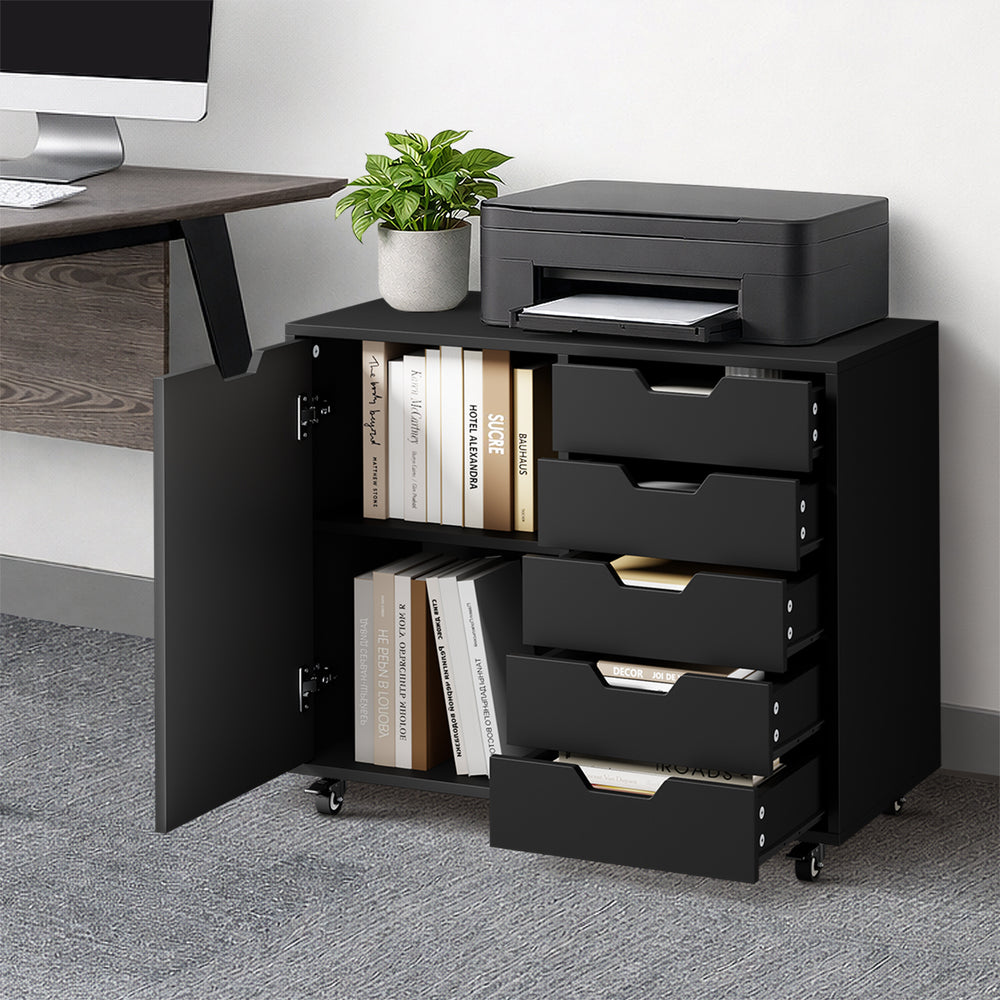 Rolling Filing Cabinet Office Storage Unit 5 Drawer 1 Door Black 78x40x67cm