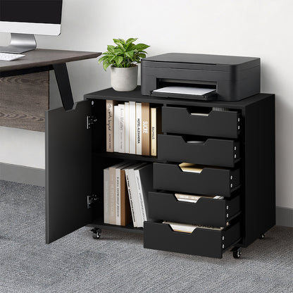 Rolling Filing Cabinet Office Storage Unit 5 Drawer 1 Door Black 78x40x67cm