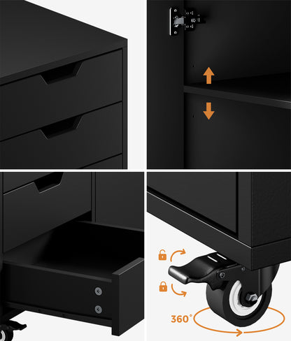 Rolling Filing Cabinet Office Storage Unit 5 Drawer 1 Door Black 78x40x67cm