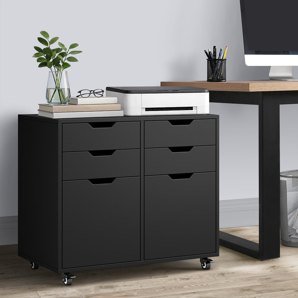 Contemporary Office Filing Cabinet Mobile Storage 4 Drawer 2 Door Black