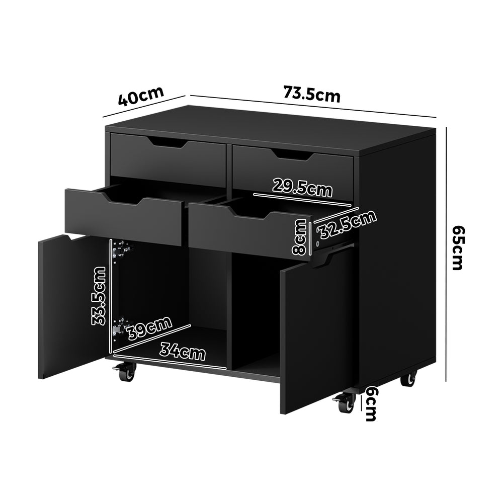 Contemporary Office Filing Cabinet Mobile Storage 4 Drawer 2 Door Black