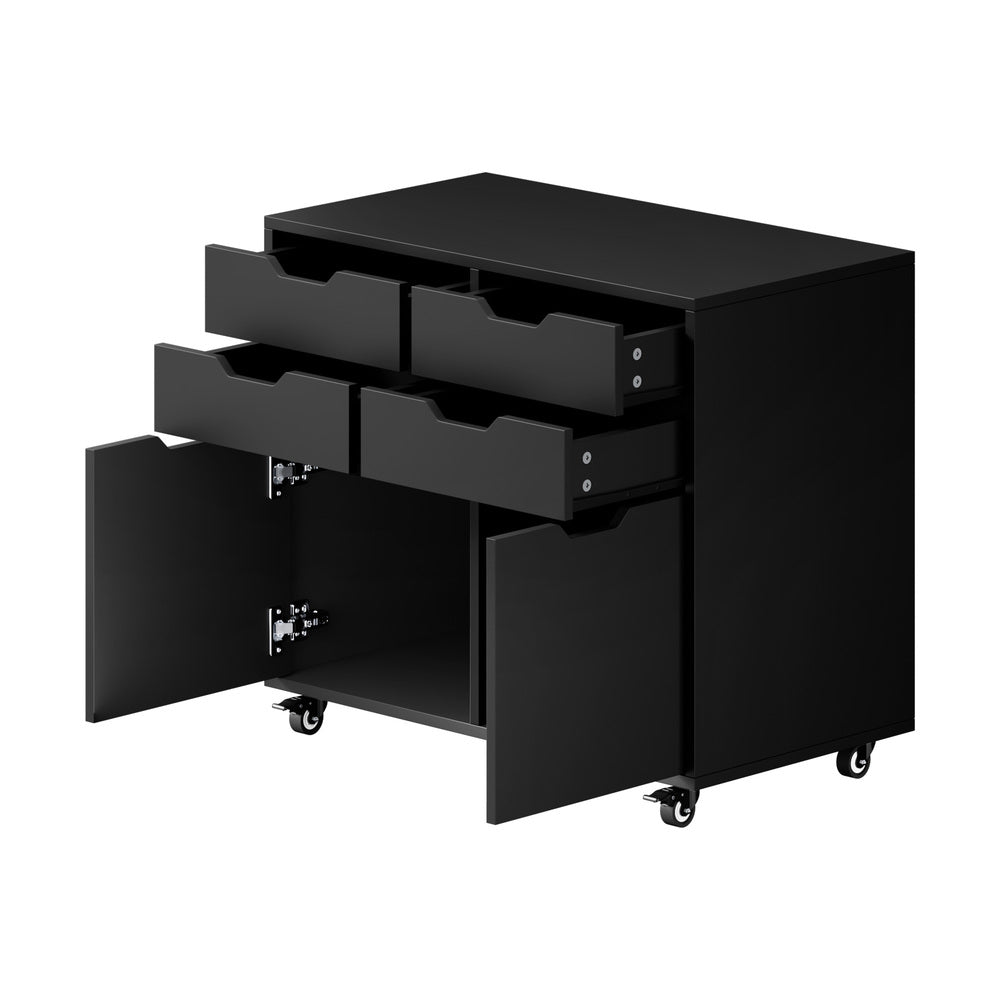 Contemporary Office Filing Cabinet Mobile Storage 4 Drawer 2 Door Black