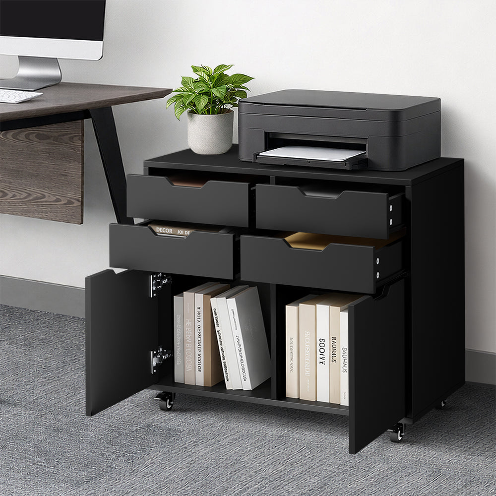 Contemporary Office Filing Cabinet Mobile Storage 4 Drawer 2 Door Black