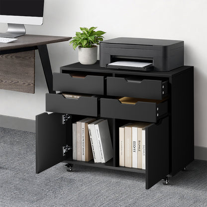 Contemporary Office Filing Cabinet Mobile Storage 4 Drawer 2 Door Black