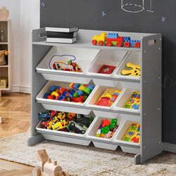 Kids Toy Storage Organiser 9 Bin Bookshelf Shelf Unit for Playroom Grey/White