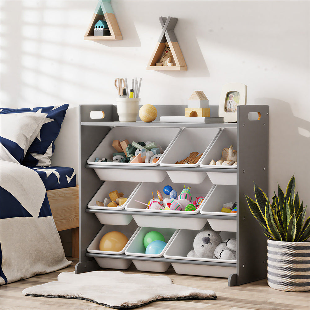 Kids Toy Storage Organiser 9 Bin Bookshelf Shelf Unit for Playroom Grey/White